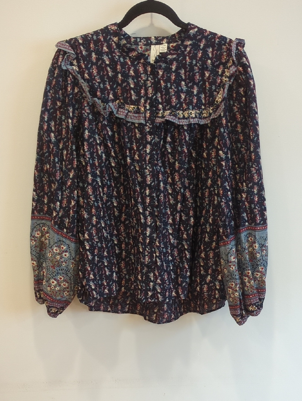 Cottage Boho Prairie Heritage Cotton Joie Navy Floral Ruffle Yoke Blouse Large